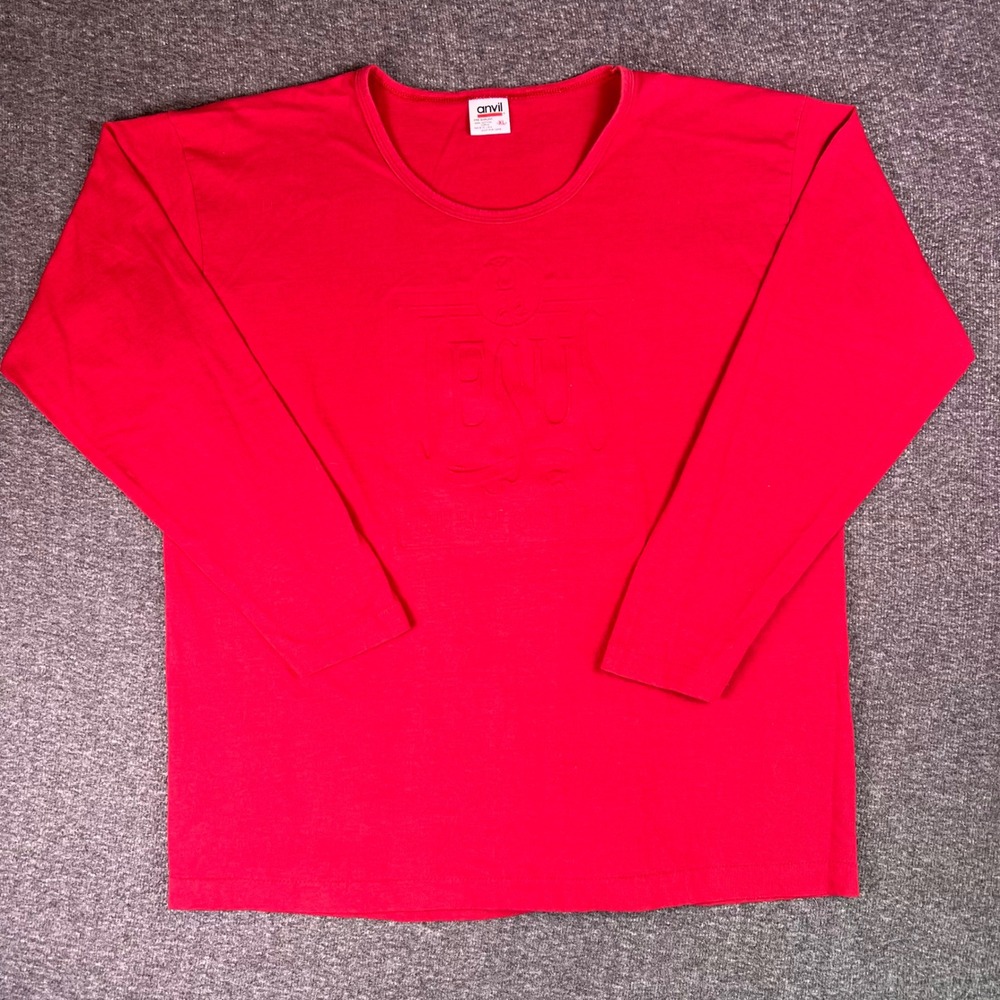 Vintage 90s Anvil‎ Red Long Sleeve Jesus Shirt Womens XL Embossed Single Stiched